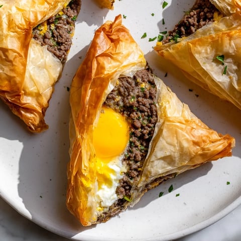 Golden Tunisian Brik pastry, filled with savory meat, a soft egg, and optional melted cheese.