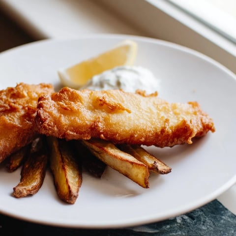 Golden-battered British fish and chips, a classic pub meal, is served alongside thick-cut, crispy fries.