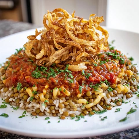 A steaming bowl of Egyptian Koshari, a flavorful mix of rice, lentils, pasta, and sauce.