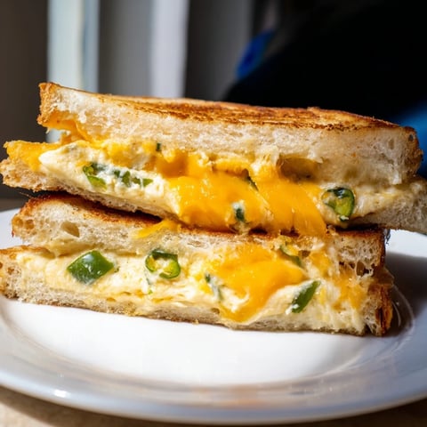 Close-up of golden-brown Jalapeño Popper Grilled Cheese slices, revealing creamy melted cheddar and vibrant green jalapeños.