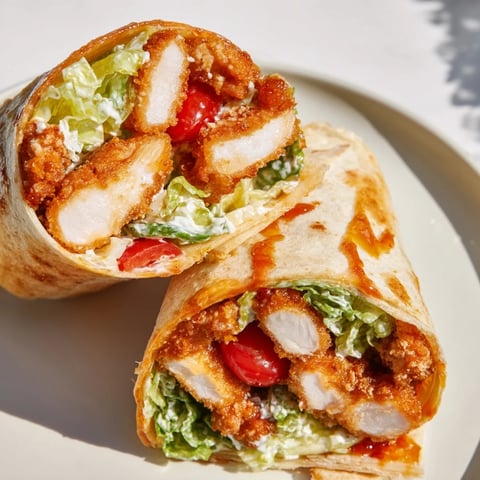 The crispy hot honey chicken caesar wrap is piled high with fresh romaine lettuce and creamy dressing on a warm flour tortilla.