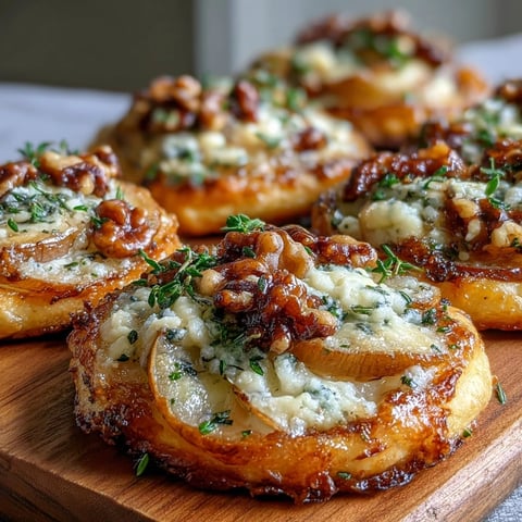 Freshly baked Pear, Gorgonzola, and Pickled Walnut Pizzettes with golden crusts and bubbling cheese are ready to serve.