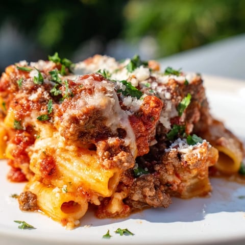 Steaming, cheesy Baked Ziti with Meat Sauce featuring bubbling mozzarella and a rich tomato aroma.