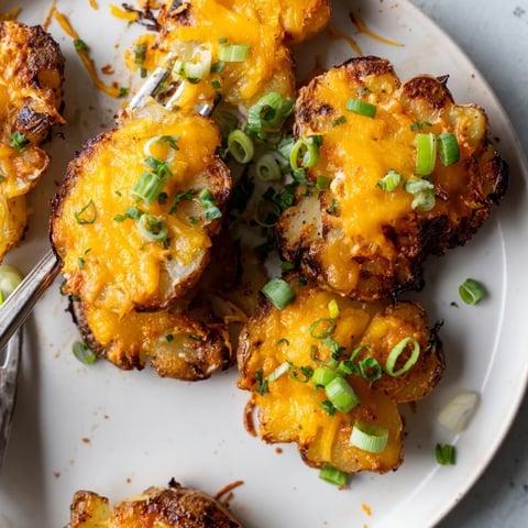 Crispy Smashed Green Onion Potato Bombs topped with cheese and vibrant green onions.  