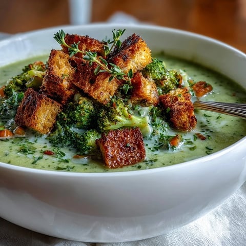 Golden, creamy Cauliflower and Broccoli Soup in a rustic bowl topped with crispy homemade croutons and fresh herbs.