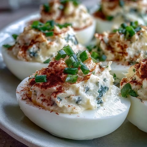 Golden yolk filling in halved egg whites garnished with paprika and fresh chives for Million Dollar Deviled Eggs.