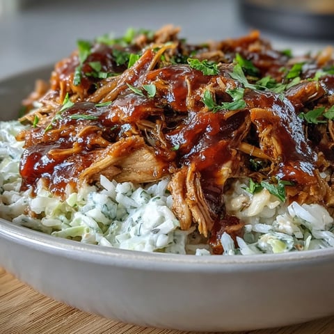 Pulled Pork Bowl with tender slow-cooked pork, fluffy rice, and tangy coleslaw, drizzled with smoky BBQ sauce.
