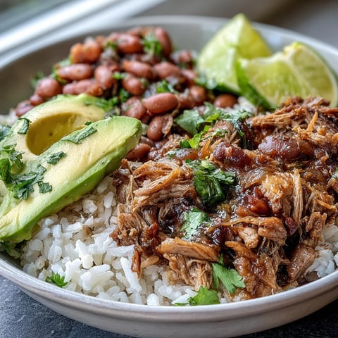 Golden-brown slow-cooked carnitas pile high over fluffy white rice in this hearty bowl.