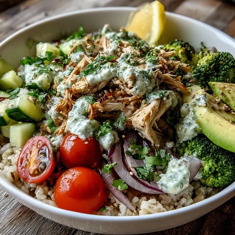 Freshly shredded rotisserie chicken, fluffy brown rice, and vibrant vegetables top this wholesome Rotisserie Chicken Bowl with creamy avocado.