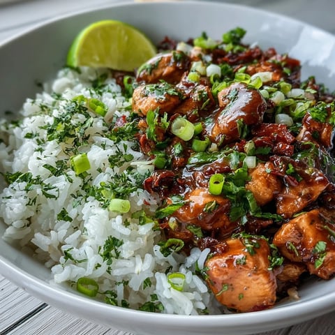 A close-up of a Coconut Chicken Rice Bowl featuring tender, saucy chicken over fluffy white rice garnished with fresh cilantro.