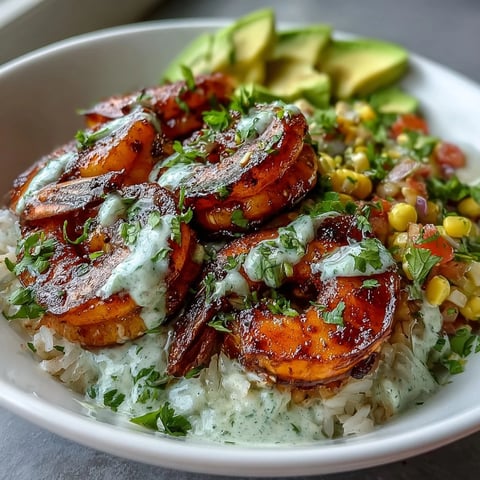 Grilled shrimp bowl with smoky shrimp, creamy avocado, and bright corn salsa ready for serving.