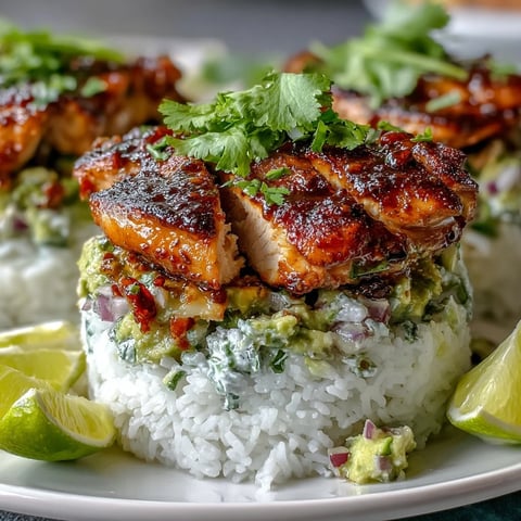 Sliced honey lime chicken, fluffy jasmine rice, and creamy avocado salsa are stacked high on a white plate. The vibrant cilantro and lime wedges add a fresh, zesty finish to this Tangy Honey Lime Chicken & Avocado Rice Stack.