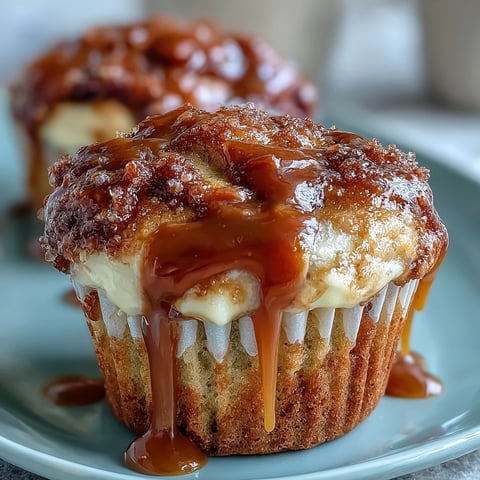 Freshly baked Caramel Cream Cheese Swirl Muffins on a cooling rack with a rich caramel drizzle.