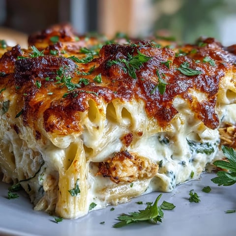 Golden brown Greek Yogurt Chicken Alfredo Bake bubbles with melted mozzarella and Parmesan in a 9x13-inch dish, featuring penne pasta, shredded rotisserie chicken, and fresh parsley garnish.