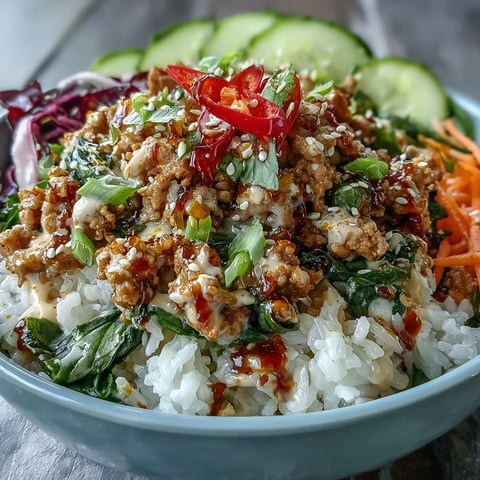 Spicy Bang Bang Turkey Rice Bowls with creamy sauce, crisp veggies, and sesame seeds on fluffy jasmine rice.