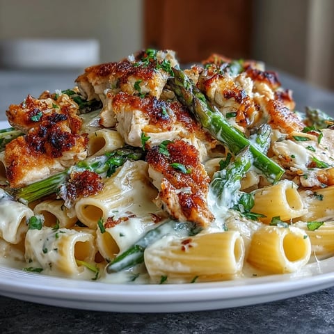 Golden, crispy Parmesan Asparagus Chicken Pasta plated with fresh parsley and lemon zest.