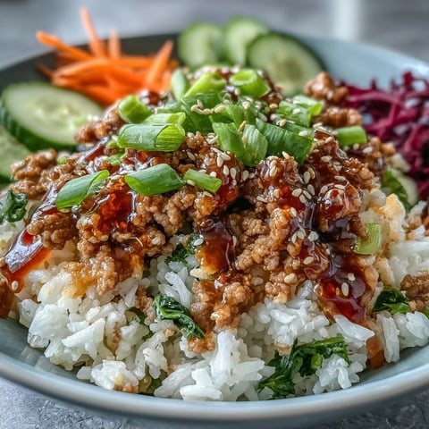 A serving of Spicy Bang Bang Turkey Rice Bowls with seasoned ground turkey, fluffy rice, and crisp colorful veggies.