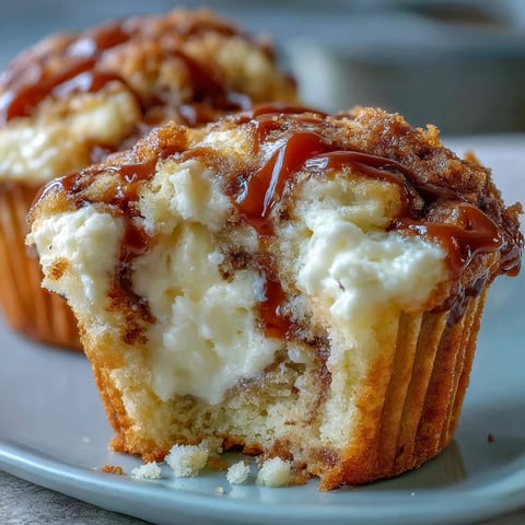 Golden-brown Caramel Cream Cheese Swirl Muffins with a rich, marbled filling and caramel drizzle, served on a cooling rack.