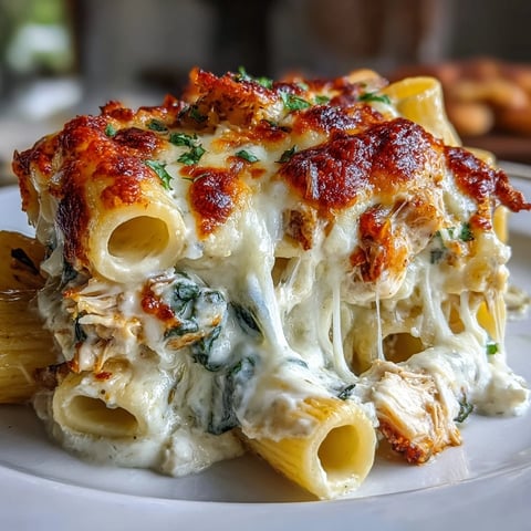 Golden, bubbly mozzarella and Parmesan top a creamy, pale-yellow Greek Yogurt Chicken Alfredo Bake, packed with rotini pasta, shredded chicken, spinach, and chopped sun-dried tomatoes.
