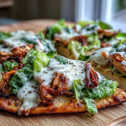 Golden, bubbly mozzarella and Parmesan top Garlic Naan Chicken Caesar Pizzas, fresh from the oven.
