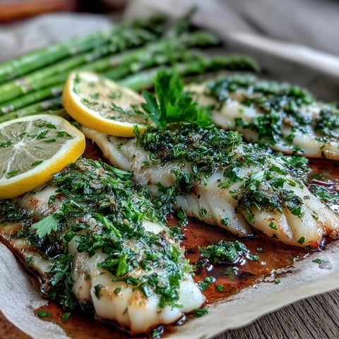 Golden-brown Lemon Herb Tilapia with steamed asparagus spears on a white plate, garnished with fresh parsley and lemon wedges.
