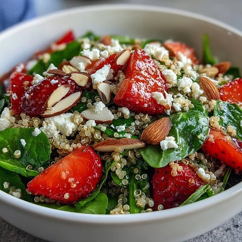 A close-up view of Strawberry Spinach Quinoa Salad with sliced strawberries, feta, and toasted almonds on a dark plate.