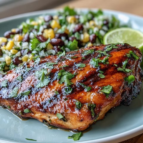 Grilled lime cilantro chicken with corn and black bean salad, showcasing tender marinated chicken and a vibrant mix of fresh vegetables.  