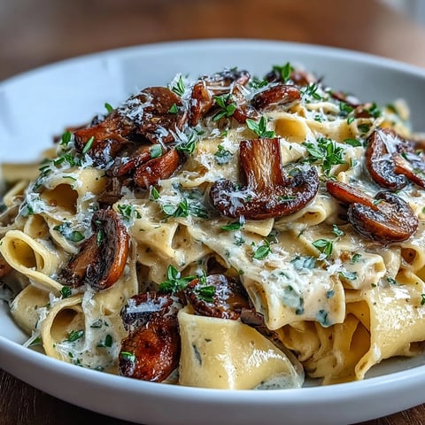 A creamy, one-pot mushroom pasta dish with tender pappardelle, earthy mushrooms, and fresh thyme in a rich, velvety Parmesan sauce.