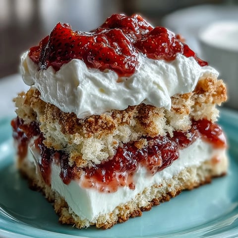 Homemade strawberry shortcake with fresh whipped cream and juicy red berries on a white plate.  