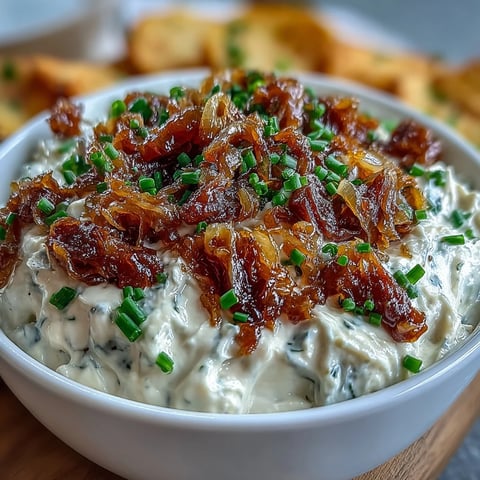 Creamy caramelized onion dip with sour cream and fresh chives, served with crispy potato chips and colorful crudités.  