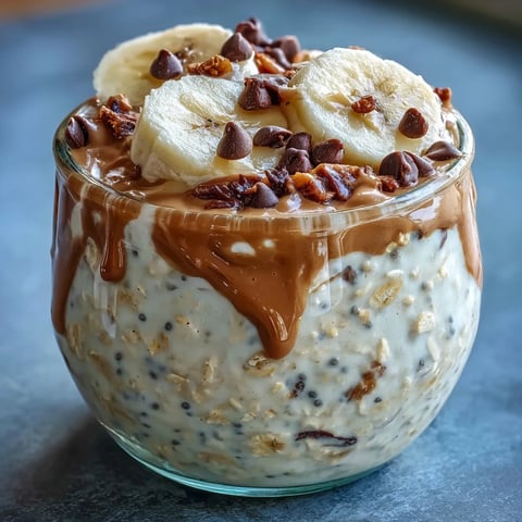 Creamy overnight oats layered with peanut butter and chocolate chips, perfect for a quick and satisfying breakfast.