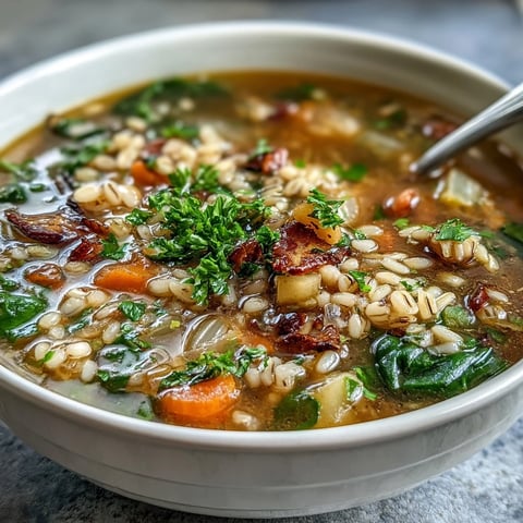 Warm Winter-to-Spring Vegetable Soup with Barley, featuring tender root vegetables and hearty barley in a fragrant broth.  