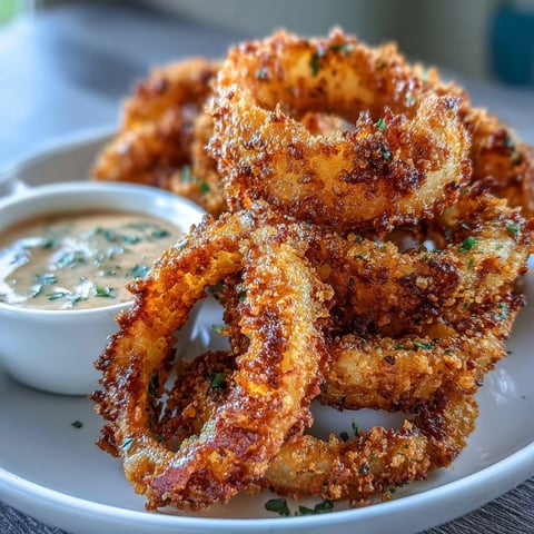 Crispy baked onion rings golden brown and served with a smoky paprika dip for a healthier twist on a classic favorite.