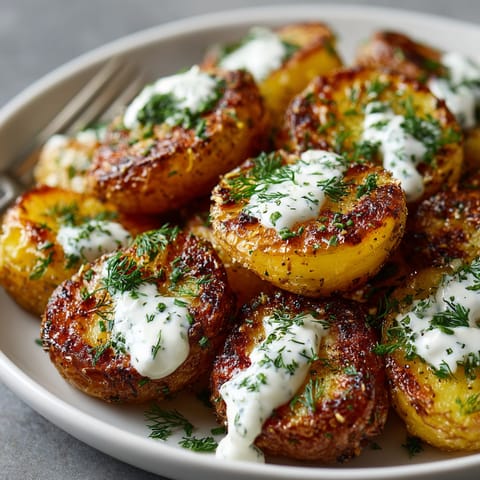 A close-up of crispy ranch smashed potatoes topped with fresh herbs, ready to serve.