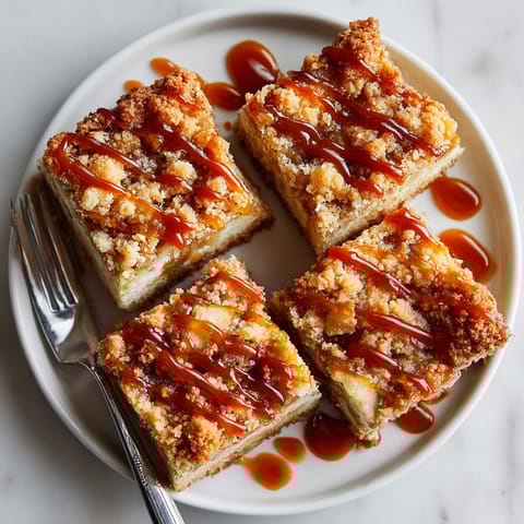 Warm Chaos Apple Pie Bars, showing bubbling apple filling and a crispy streusel topping.