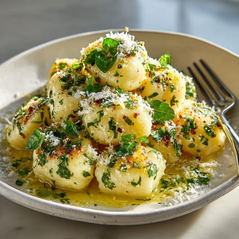 Golden, fresh Lemon Herb Ricotta Gnocchi, garnished with basil and parmesan, looks delicious and inviting.
