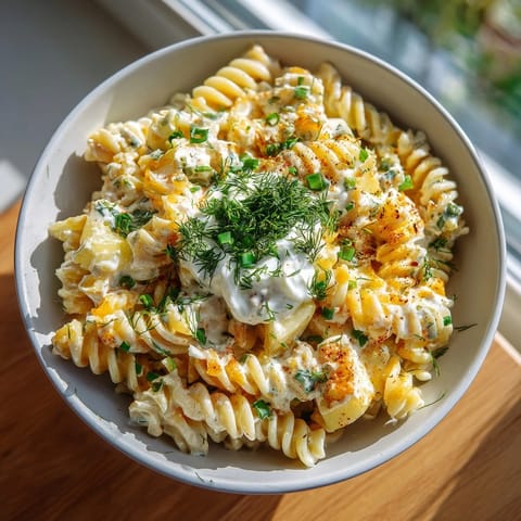 Warm and comforting: imagine this loaded Pickle and Cheddar Potato Pasta, ready to eat.