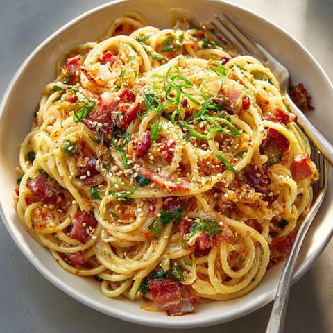 A delicious bowl of Korean Kimchi Carbonara, garnished with sesame seeds and scallions.