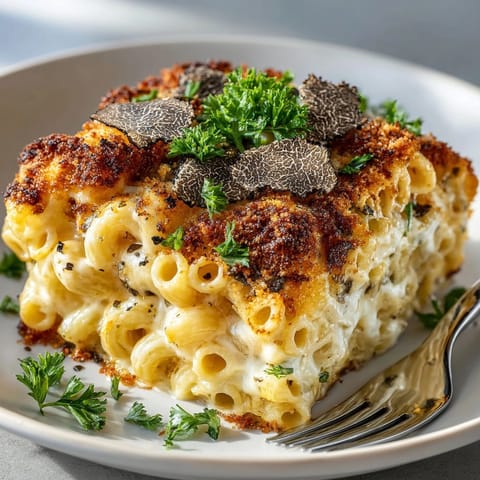 Indulge in this savory Truffle Mac Attack: rich, truffle-infused macaroni and cheese bubbling hot.