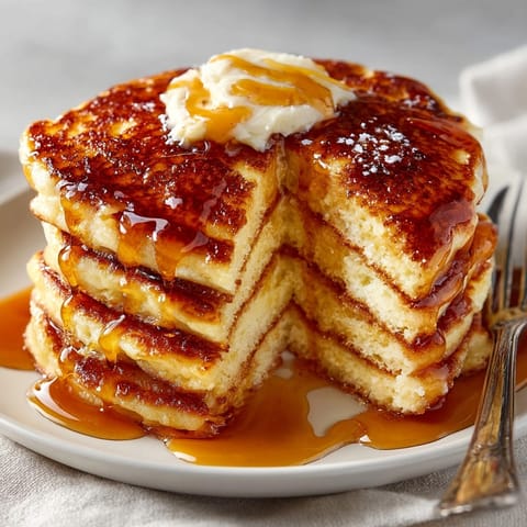 Golden ricotta pancakes drizzled with cinnamon maple butter, ready for a comforting brunch.