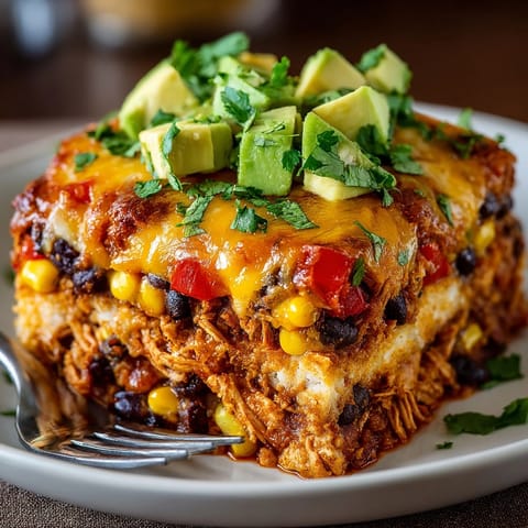 Close-up of Cheesy Taco Chicken Casserole served warm, featuring golden cheese, black beans, and corn.