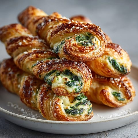 Ricotta and spinach puff pastry twists served warm, showing creamy filling and crisp layers.