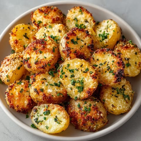 Oven-roasted Crispy Garlic Parmesan Crusted Potatoes Recipe showing crunchy cheese edges and tender potato centers.