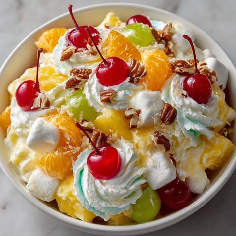 Close-up of chilled Ambrosia Fruit Salad: sweet, creamy, with colorful fruit and fluffy marshmallows.