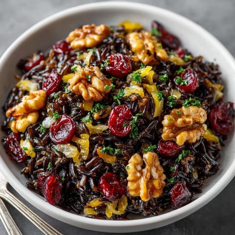 Savory Cranberry Walnut Wild Rice Pilaf: a vegetarian side with earthy, comforting aromas.