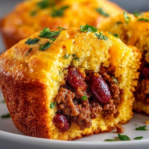 Warm, comforting Chili-Stuffed Cornbread Muffins, fresh from the oven, ready for serving.