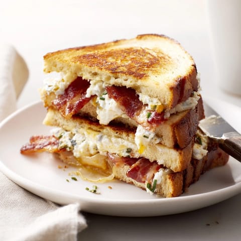 Close-up of a warm Ricotta Bacon Breakfast Grilled Cheese showing layered filling and crispy bread.