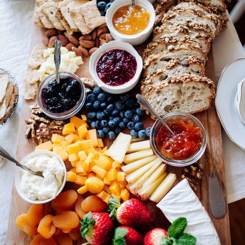 Vibrant Jam-Infused Brunch Board artfully arranged with gourmet jams and crusty breads.  