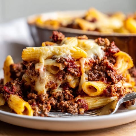 Comforting Cheesy Beef & Penne Bake served with fresh herbs and garlic bread.  
