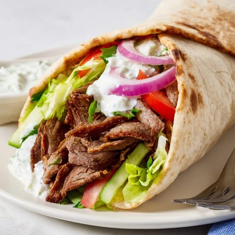 Tender beef shawarma wraps filled with fresh veggies and creamy yogurt sauce.  